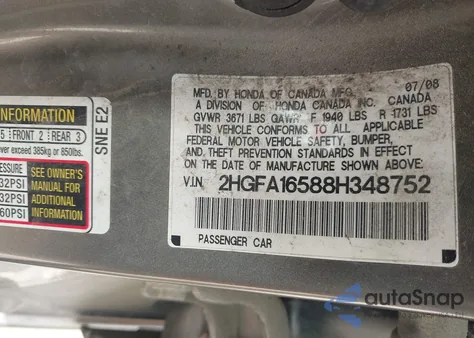 2008 Honda Civic Lx from USA, damaged, VIN 2HGFA16588H348752